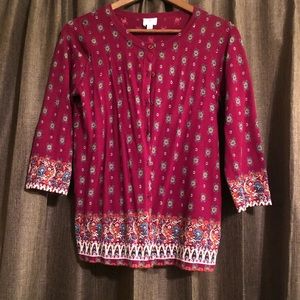 💙 Dressbarn Button up 3/4 Sleeve Cardigan Sweater  - Burgundy Paisley - Small💙